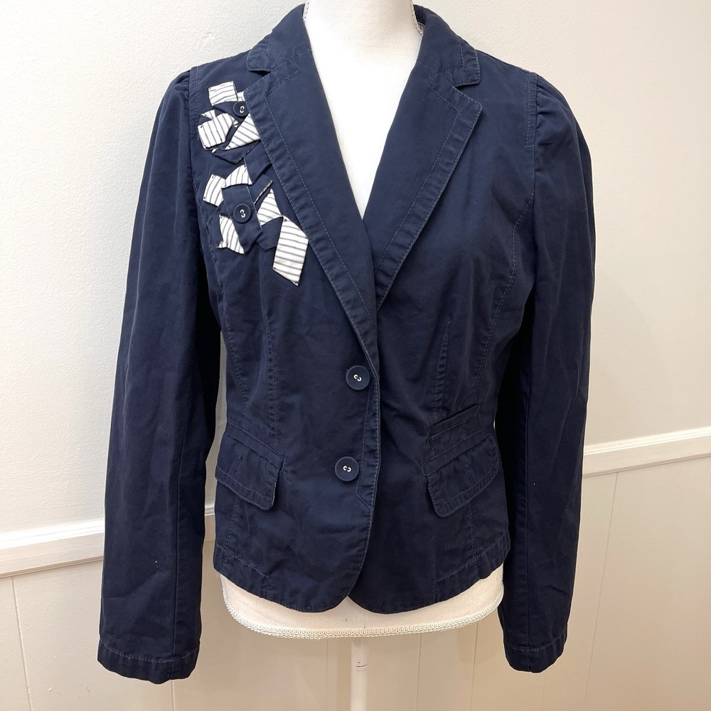 Ann Taylor LOFT Navy Blazer With Fabric Flowers Y2K Size 8